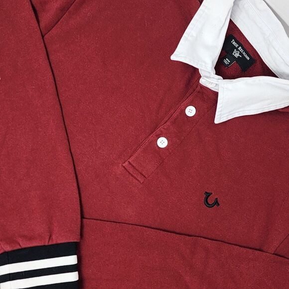 True Religion Long Sleeve Rugby Shirt‎ Men's Medium Red Collared Pockets EUC - Picture 1 of 10